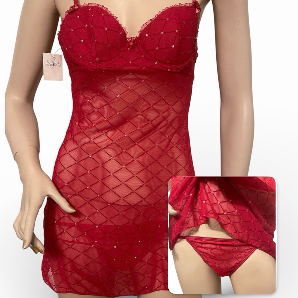 NWT - Frederick’s of Hollywood - Red Sheer Mesh Babydoll Lingerie Set